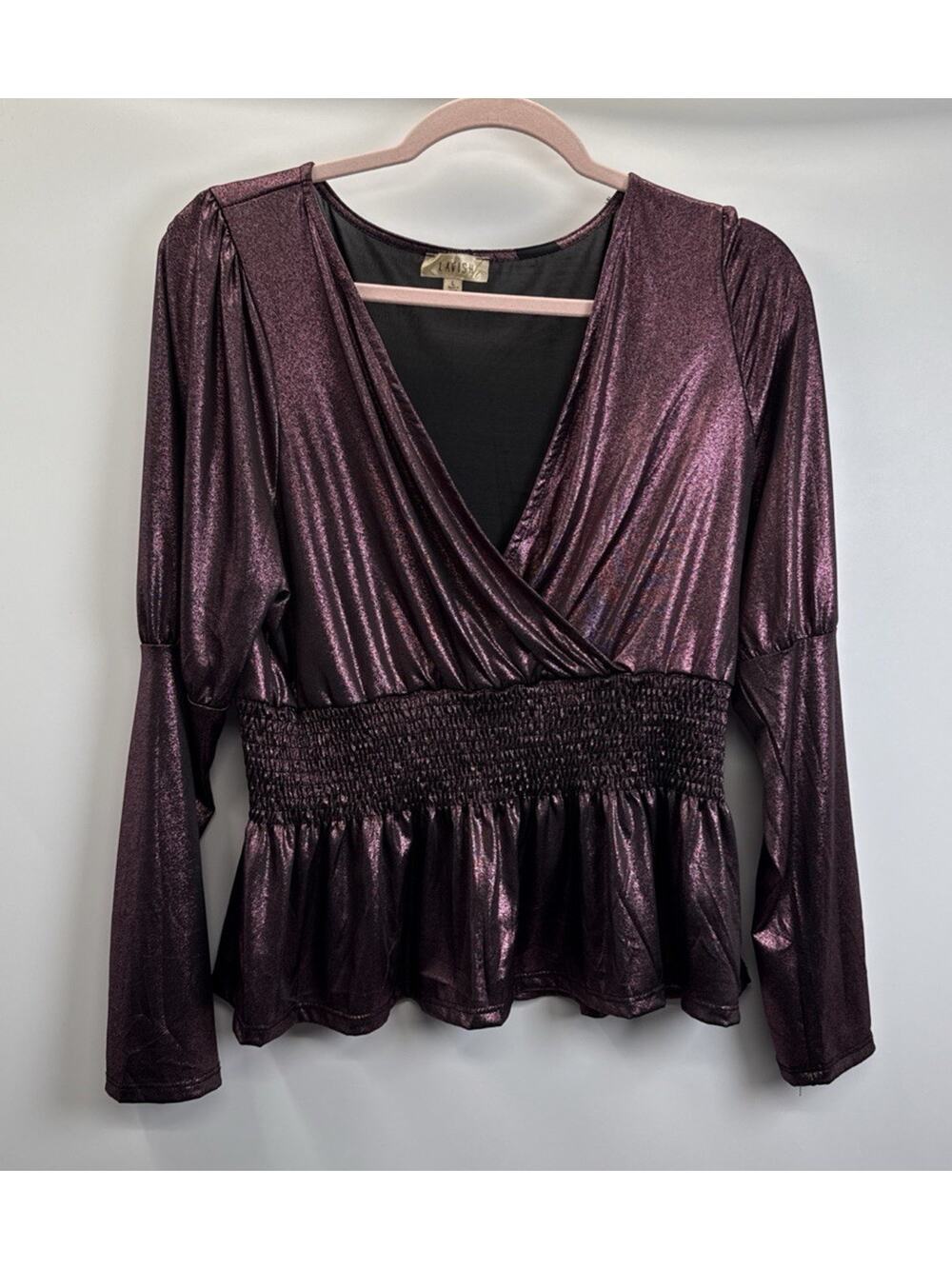 Lavish Metallic Plum Peplum Top L Puff Sleeve Smocked Y2K Party Blouse